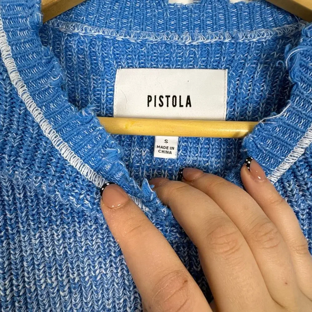 Pistola Blue Distressed Knitted Long Sleeved Sweater Chic Women's Size Small